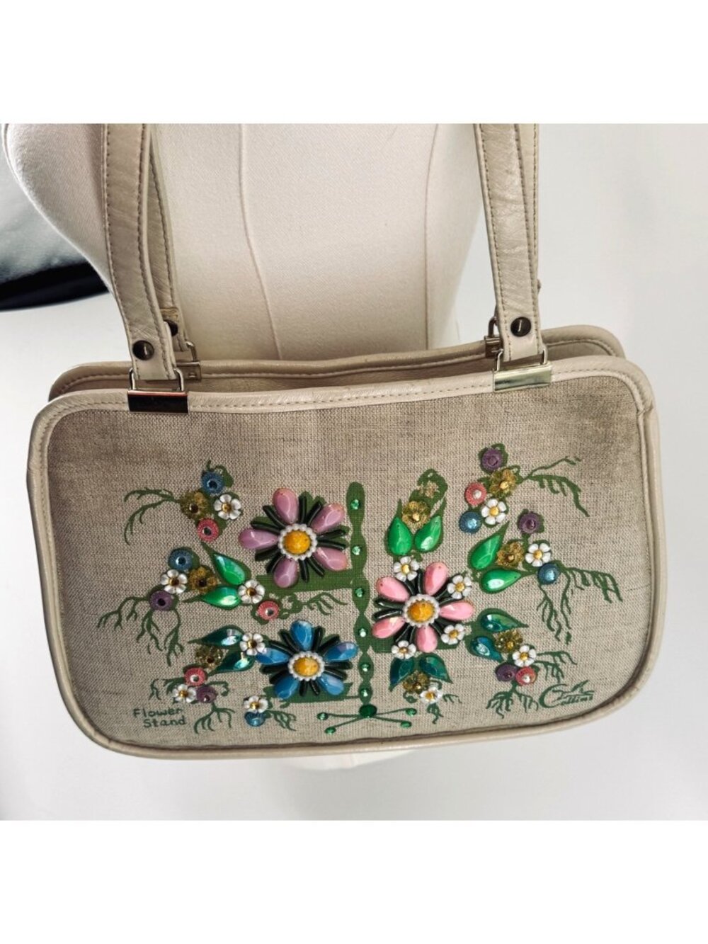 Vintage Enid Collins Flower Stand Beaded Purse With Floral Design & Shoulder Str